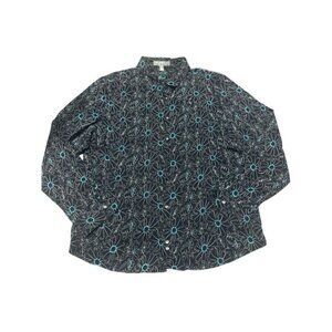 Foxcroft Shaped Fit Navy Blue Embroidered Floral Button-Up Shirt Women’s Size 18